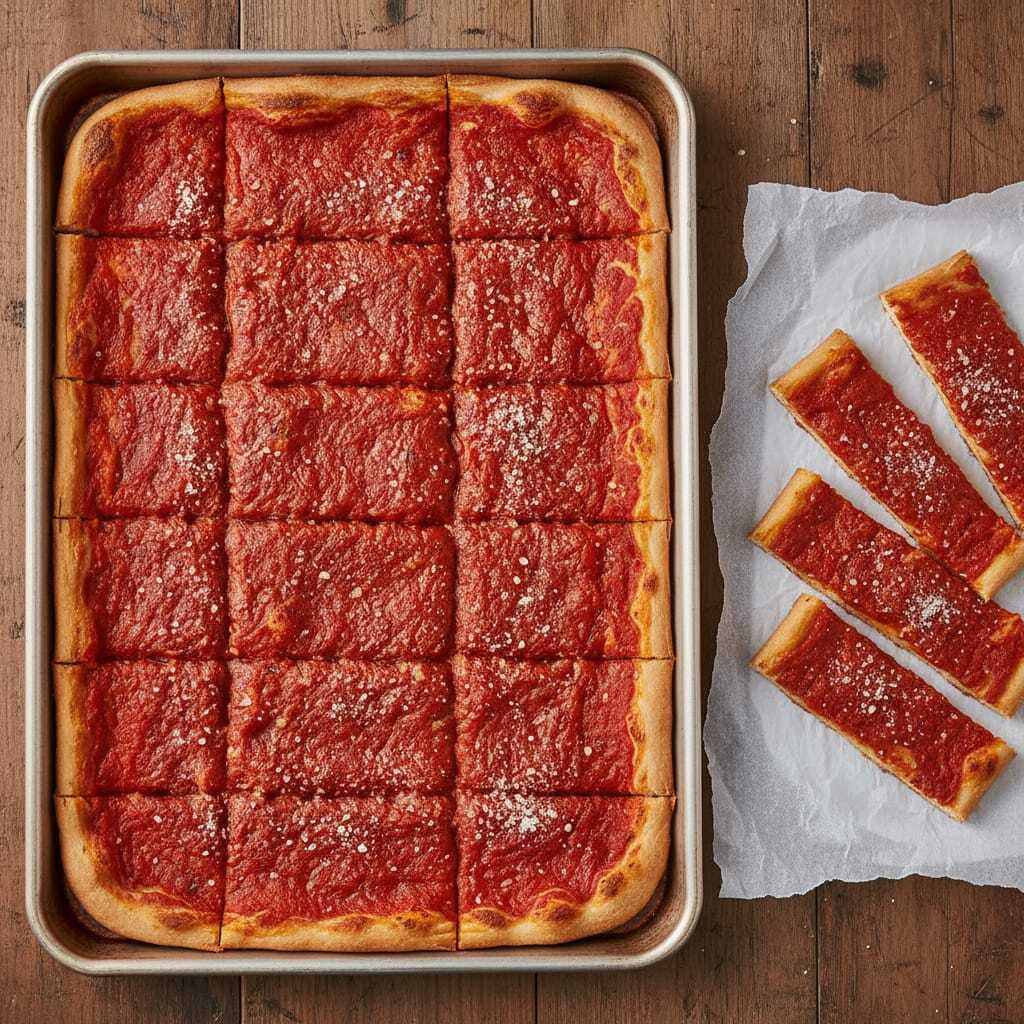 Rhode Island strip pizza - sheet pan with red sauce, cut into strips
